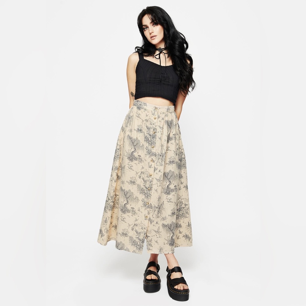 Disturbia Beige Floral Midi Skirt with Gray Print